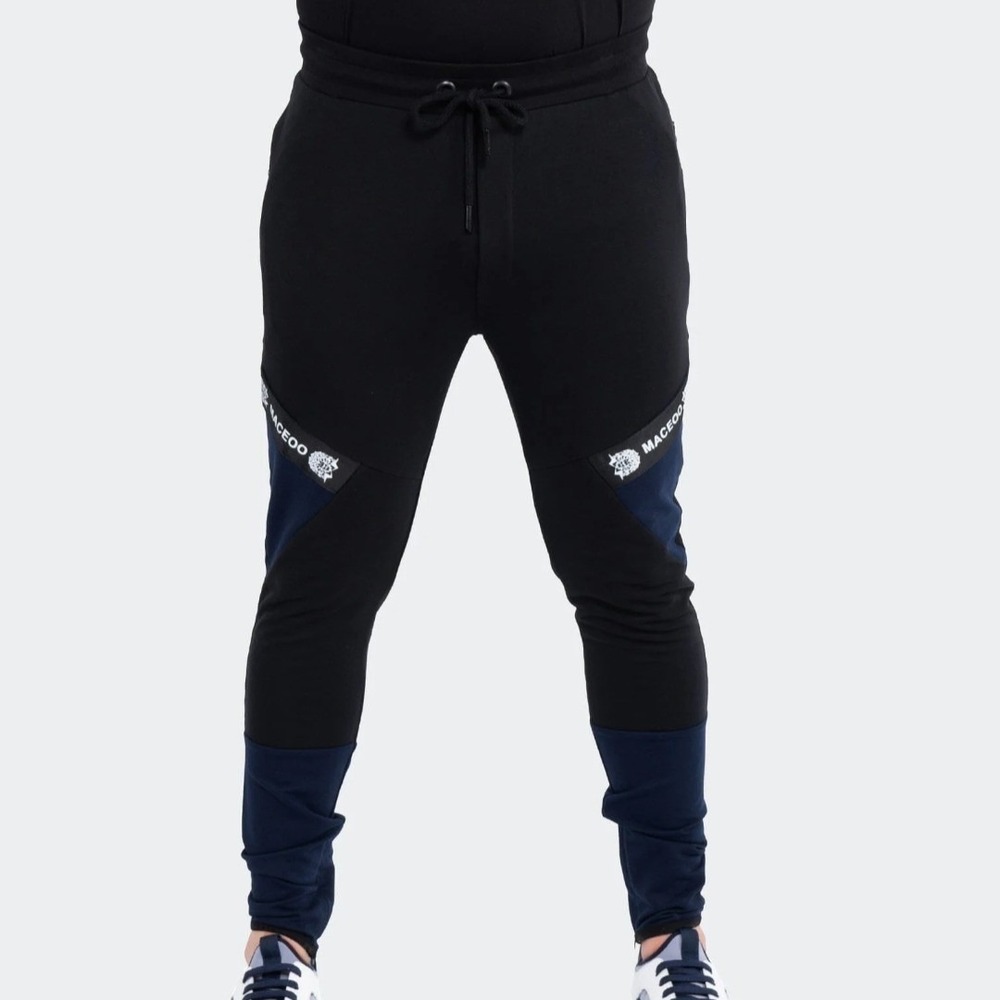 Maceoo Joggers Athletic Pants Black Navy Colorblock Zipper Cuffs 30x29 NWOT